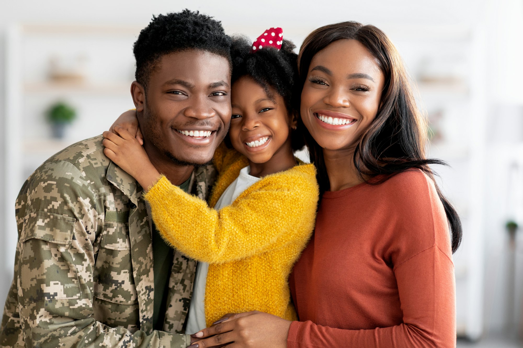 Portrait Of Happy Military Family, Black Soldier Father, Wife And Little Daughter